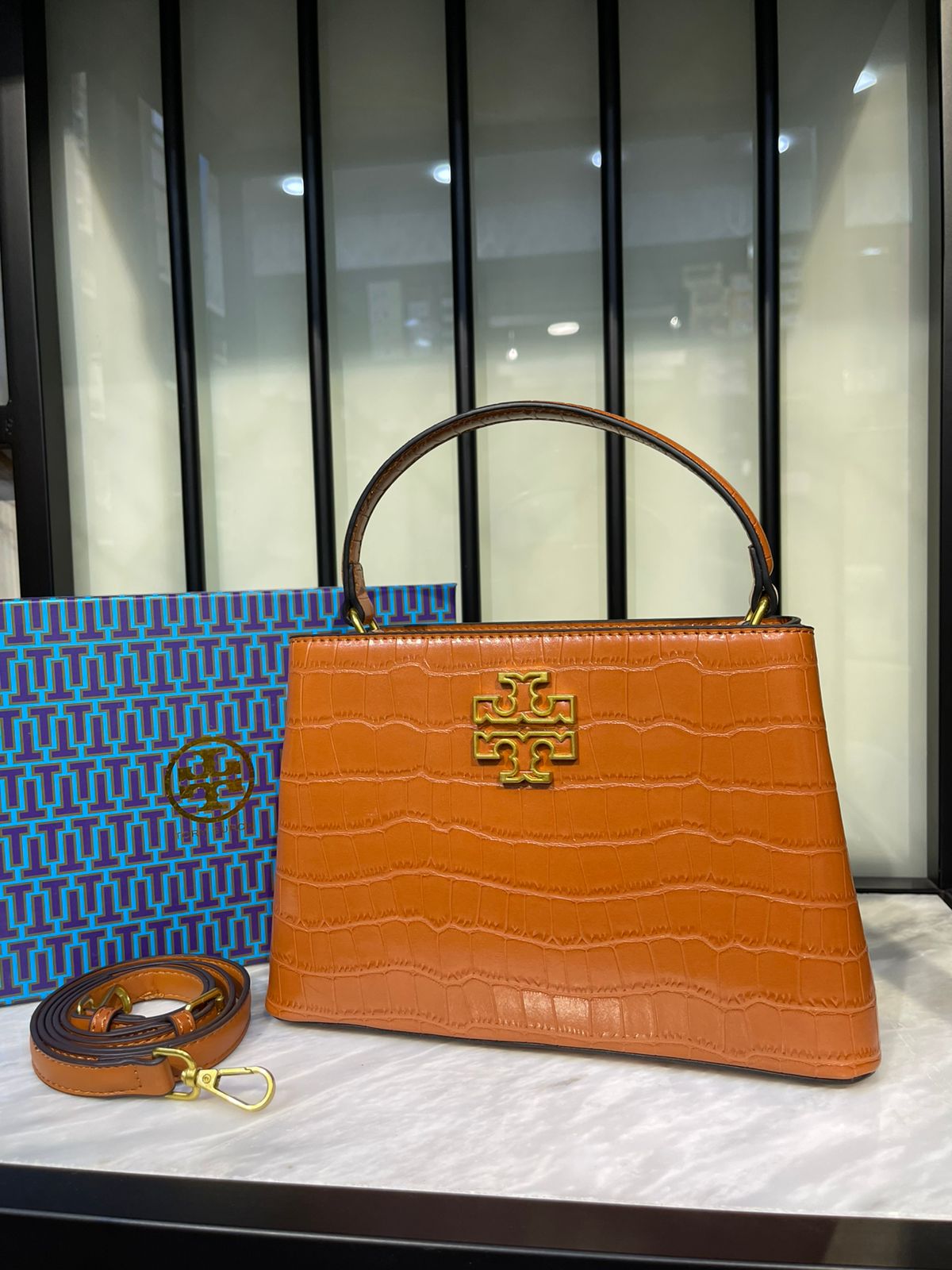 Tory Burch Crocodile Embossed Micro Satchel Crossbody Bag